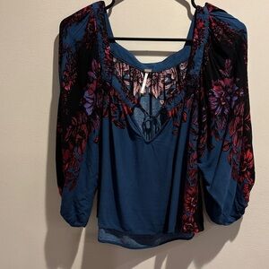 Free People Floral Blue and Black Women's Top size XS